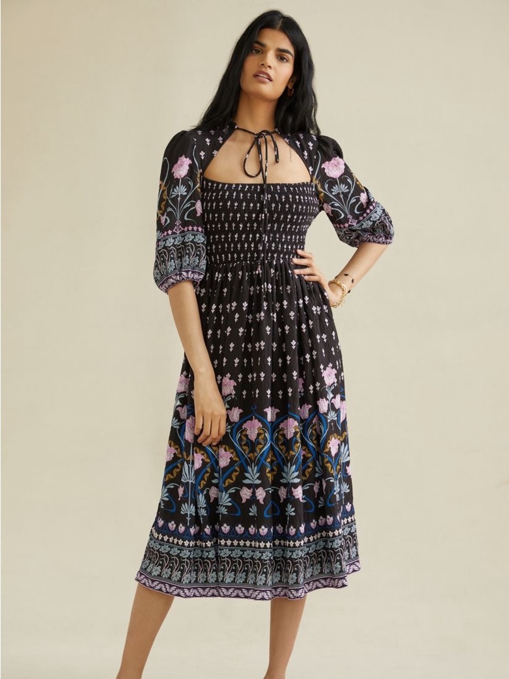 Anthropologie Square Neck Dress with Pink, Blue & Gold Floral Print